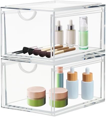 CECOLIC 2 Pack Stackable Cosmetic Organizer Drawers, Clear Acrylic Makeup Storage Organizer Box, Plastic Storage Bins Va
