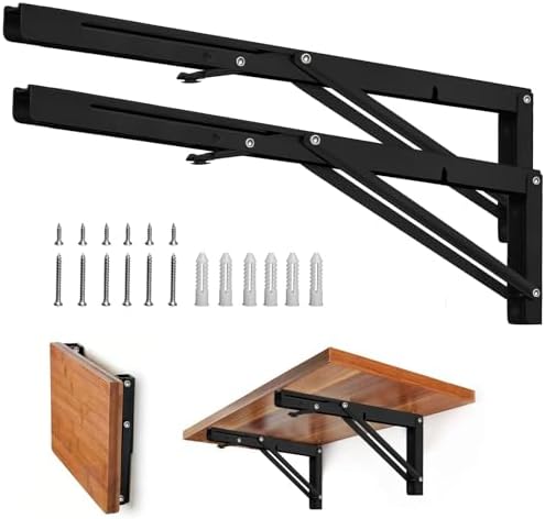 Folding Shelf Brackets - Heavy Duty Metal Collapsible Shelf Bracket for Bench Table, Shelf Hinge Wall Mounted Space Savi