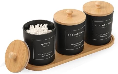 3 Pack Qtip Holder - Bathroom Organizers and Storage, Cotton Round Pad Dispenser Floss Pick Holder with Tray, Glass Apot