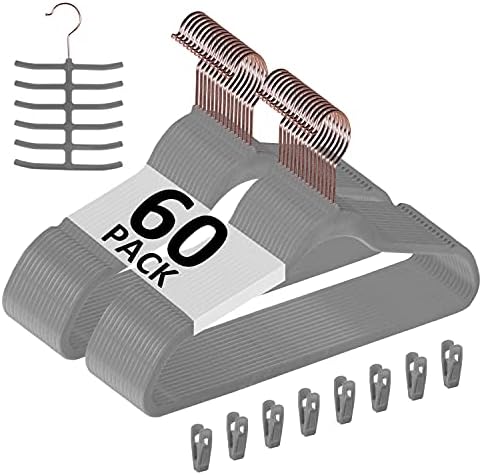 VECELO Premium Velvet Clothes Hangers Suit Heavy Duty (60 Pack)-Non Slip & Space-Saving with 8 Finger Clips & Tie Rack Excellent for Men and Women,Gray
