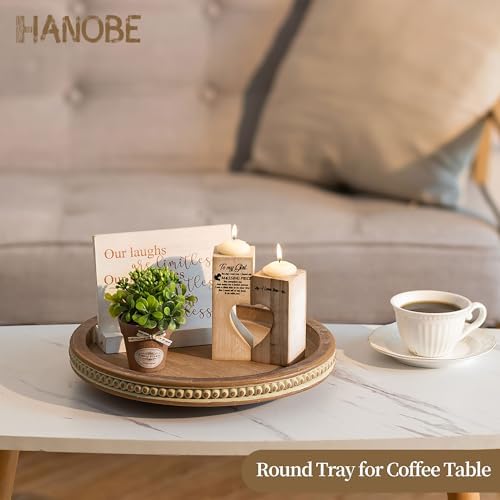 Hanobe Lazy Susan Centerpiece Tray, Round Wooden Turntable Organizer, Brown