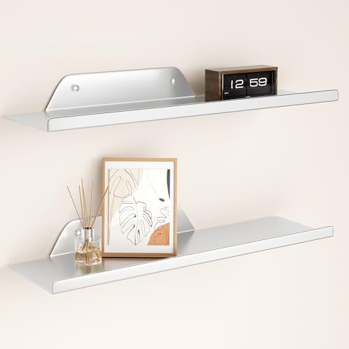 Floating Shelves for Wall, Off Center Metal Shelves for Living Room, Silver Floating Shelves for Wall Decor, 16” Hanging