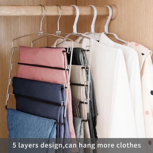FeeraHozer Pants Hangers Non Slip 3 Pack Space Saving Hangers Multi-Layer Swing Arm Pants Hanger Stainless Steel Space Saver Hanger Closet Storage Organizer for Jeans Trouser Slacks Clothes (Black)
