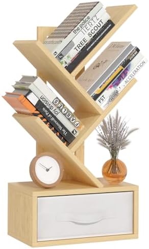 SHEEPAM 4-Tier Tree Bookshelf Small Bookcase with Drawer