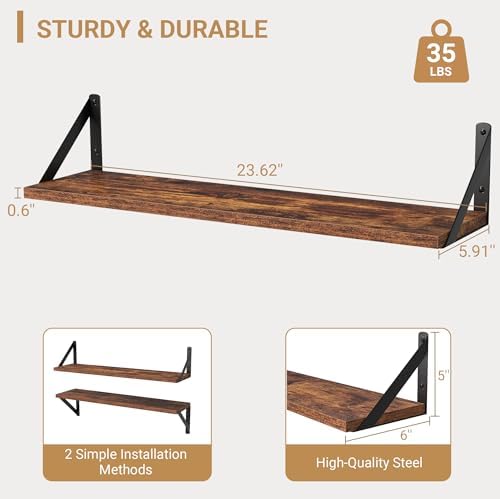 Heimlove Floating Shelves for Wall, 24 Inch Long Wood Floating Shelves Set of 3, Wall Mounted Hanging Shelf for Bathroom