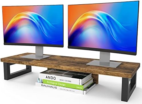 WESTREE Dual Monitor Stand Riser, Wood and Steel Monitor Stand Riser, Computer Monitor Stand for 2 Monitors, Multi-Purpo
