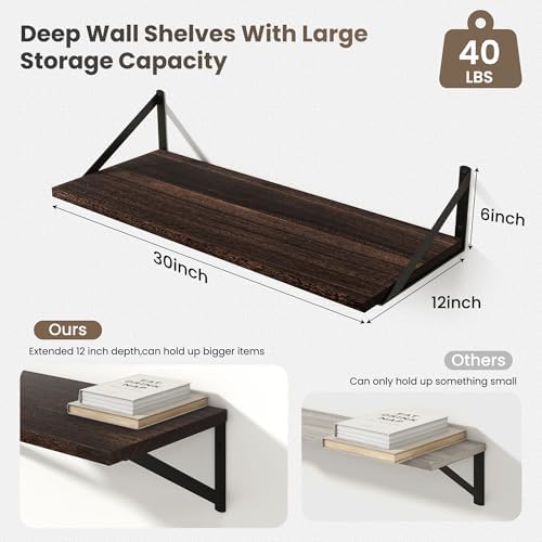 Marsmiles Deep Floating Shelves, 30'' x 12'' Dark Wood Shelves Set of 2