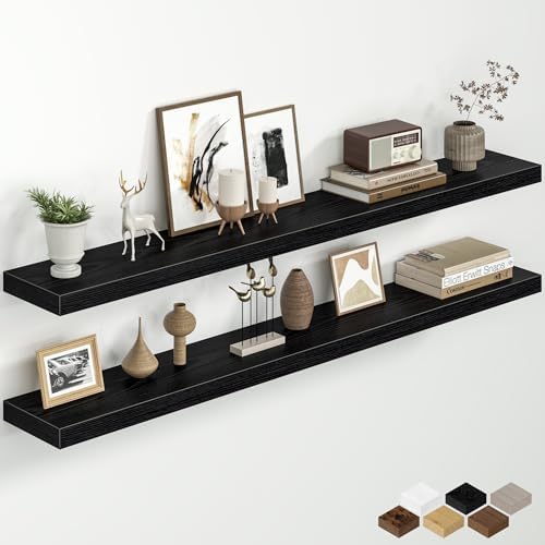 55 Inch Floating Shelves for Wall, Rustic Wood Wall Mounted Deep Storage Shelves with Invisible Brackets, Extra Long Dec