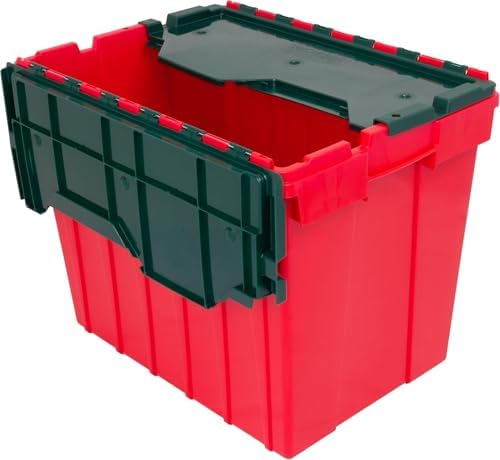 Akro-Mils KeepBox 18 Gal Storage Box, Lid Attached, Stackable, Red/Green