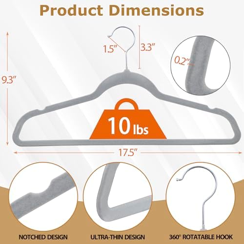 HomGarden 100 Pack Velvet Hangers Ultra Thin Non Slip Clothes Hanger Hook Swivel 360 Flocked & Durable Space Saving w/Bar for Garments, Suits, Dresses, Pants, Shirts, Coats,Pink (Gray)