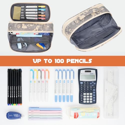 ECHSRT Large Tactical Pencil Case, 3-Compartment Zipper Pouch, Digital Camo
