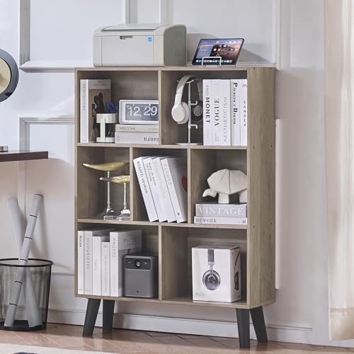 LEYAOYAO Cube Bookshelf, Mid-Century Modern Book Shelf with Legs,Retro Grey