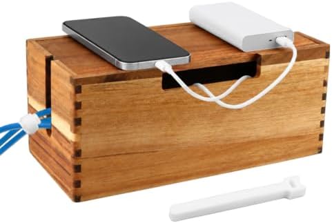 Acacia Wood Cable Management Box,Office Under Desk Cable Storage Box for Wire, Cord Hider Organizer for Power Strip, Ele
