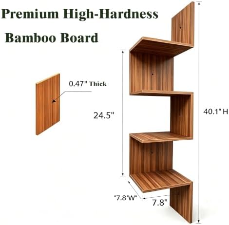 Premium Bamboo Floating Corner 4-Tier,Corner Shelf Wall,7.8"Lx7.8"Wx40.1H