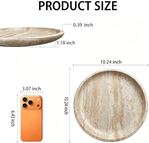Vanity Tray for Bathroom, Dresser, Counter, Home Decor 10.24” D x 1.18”H Travertine Round Decorative Tray for Candles, P