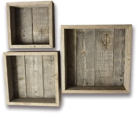 Rockin' Wood Rustic Wood Shadow Box Floating Shelves with Wood Backing, Made with Reclaimed barn Wood, Set of 3, Weather