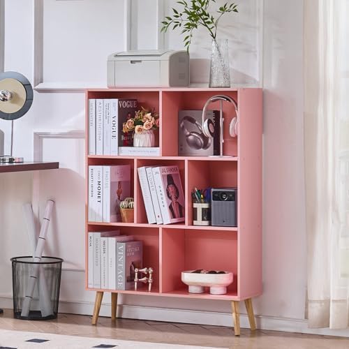 LEYAOYAO Cube Bookshelf, Mid-Century Modern Book Shelf with Legs,Light Pink