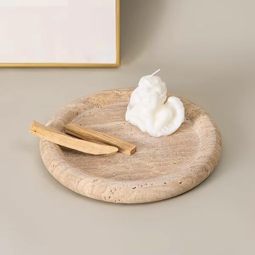 Natural Travertine Marble Vanity Tray- Round Stone Tray,Decorative Beige Countertop Organizer,Jewelry Dish for Bathroom,