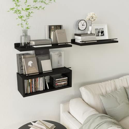 WOPITUES Floating Shelves for Wall with Cube Shelf, Wall Shelves with Metal Rail for Bathroom Decor, Bathroom Organizers