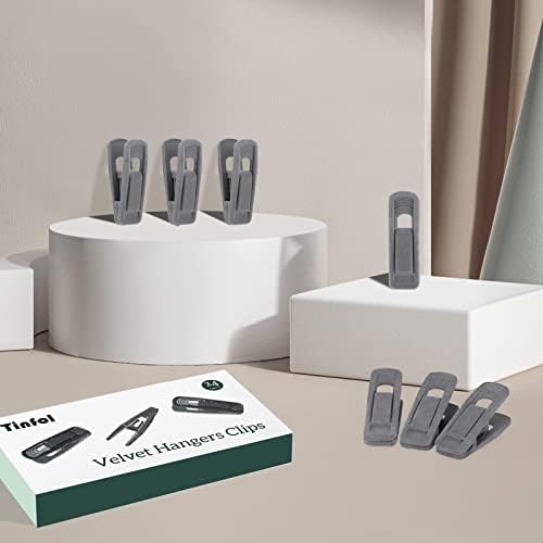 Tinfol Gray Velvet Hanger Clips 24 Pack, Non-Slip Flocked Clips for Pants, Skirts, Suits - Strong Finger Clips with Large Opening, Perfect for Slim-Line Velvet Hangers