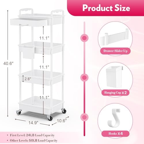 SUNALLY Makeup Cart Organizer with Drawer,4 Tier Rolling Makeup Cart, White