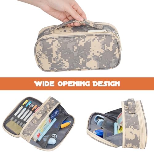 ECHSRT Large Tactical Pencil Case, 3-Compartment Zipper Pouch, Digital Camo