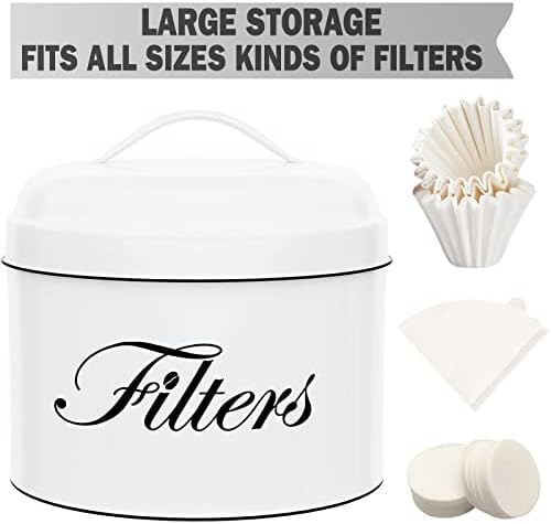 Coffee Filter Holder, White Basket Coffee Filter Storage with Lid, Round CoffeeFilter Container for Counter, Rustic Farm