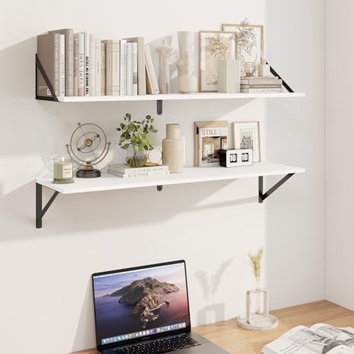 Heimlove White Deep Floating Shelves for Wall, 36W x 8D Wood Wall Shelves Set of 2, Wide Floating Bookshelf for Living R