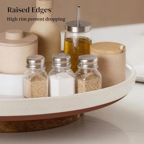 Ceramic Lazy Susan Turntable Organizer, 10.3 Inch Round Rotating Tray with Acacia Wood Base, White Speckled Glazed Spice