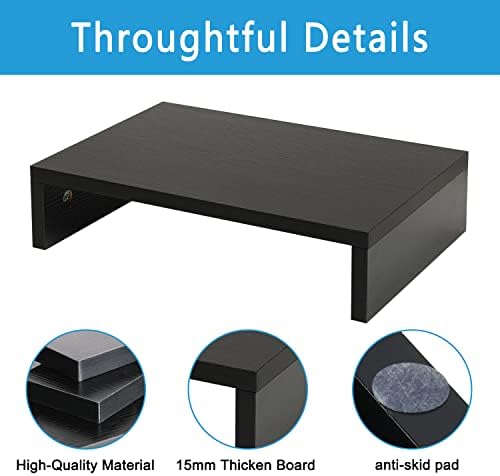 TEAMIX Black Monitor Stand Riser, Wood Desk Organizer for Laptop & Computer