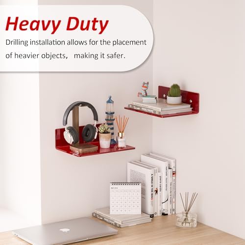 Sezanrpt 9 Inch Red Acrylic Small Wall Shelf, Home Wall Display Ledges for Storage, Room Décor, Space Saving, Items Organizer, 2 Pack