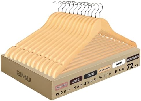 Wooden Clothes Hangers with Pants Bars, Natural Wood, 72-Pack