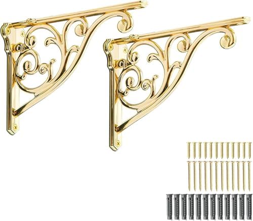 Khtumeware Ornate Decorative Shelf Brackets, 5x3.5 inch Small wall Mounted Shelving Bracket, 2 Pack Polished Brass Vinta