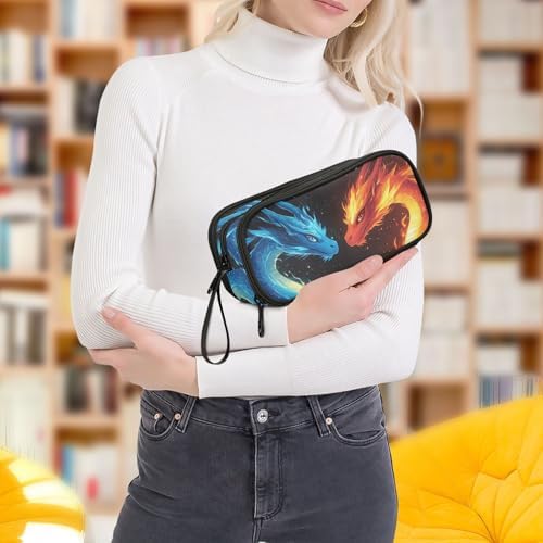 Dragons Red Blue Fire Eyes Pencil Case Box Boys Girls Large Pencil Pouch with Zipper Compartments Big Capacity Stationery Pen Bag Organizer for Kids Teens Adults School