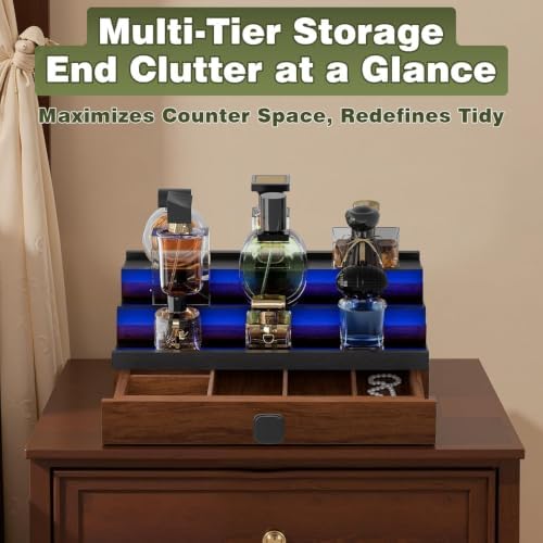 3 Tier Wooden Perfumes Stand with LED Light, Perfume Cologne Organizer for Men, Desktop Parfum Holder Wood Display Shelf