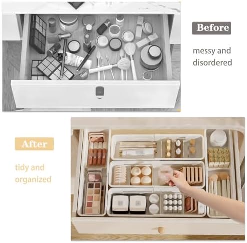 Expandable Storage Drawer Organizers Sliding Bin Plastic Desk Drawer Trays with Removable Dividers Adjustable Makeup Sto