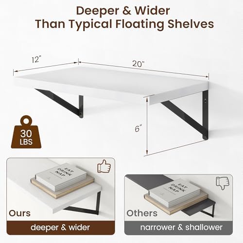 Axeman Deep Floating Shelves - 20 Inch White Floating Shelves Set of 2-12 Inch Deep Wood Wall Shelves for Living Room Ba