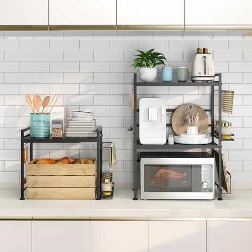 DOLALIKE Microwave Oven Rack, Expandable Microwave Stand Countertop Kitchen Utensils Tableware Storage, Carbon Steel Ove