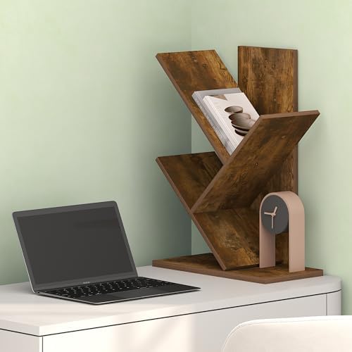 Ipoh Tree Book Shelf, 3-Tier Tree Bookcase, for Narrow Space, Books, CDs, Magazines, Rustic Brown