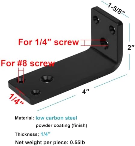 6 PCS 4" x 2" Heavy Duty Corner Brace Black Brackets, L 90 Degree Countertop Support Brackets, Steel Thickness 1/4", Max
