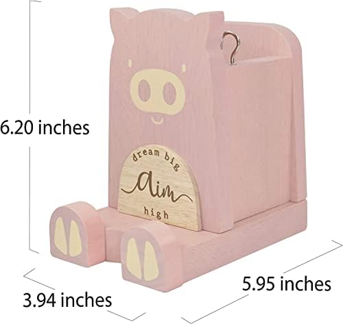Wood Multipurpose Eyeglass Phone Pen & Pig Pencil Holder Stand Stationery Desk Box Organizer Accessories Decor, Home Office Desktop Decoration Birthday Graduation Gifts “Dream Big Aim High” (Piggy)