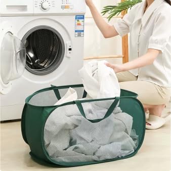 2 Piece Popup Mesh Laundry Basket Durable Handles Collapsible Laundry Baskets Folding Clothes Pastic Hamper for Laundry Room College Dorm (Gray/Navy Blue)
