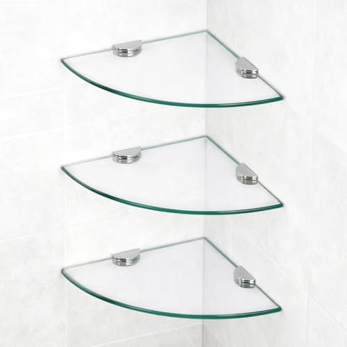 3 Pack Glass Corner Shower Shelves, Tempered Floating Glass Shelves Wall Mount, Shower Caddy Organizer, Bathroom Corner 