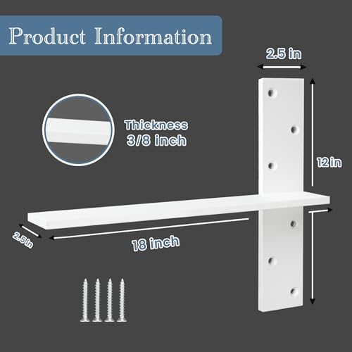 Free Hanging Countertop Support Bracket 18" Lx2.5 W 2 Pack White Heavy Duty Hidden Floating Wall Shelf Bracket 3/8" Thic
