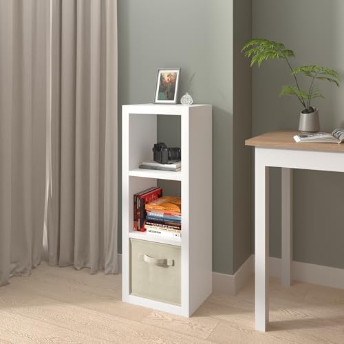 furtble 3 Cube Storage Organizer Shelf with Bins, White 3 Tier Bookcase with Fabric Storage Bins, Morden Bookshelf for B