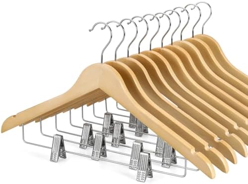 TOPIA HANGER Wooden Hangers with Adjustable Metal Clips and 360° Swivel Hook, Premium Wood Clothes Hangers 10 Pack for Suit, Pant, Skirt, Jeans, Coat, Jacket-CT28N