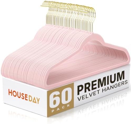 HOUSE DAY Pink Velvet Hangers 60 Pack with Gold Hooks, Non-Slip, No Marks