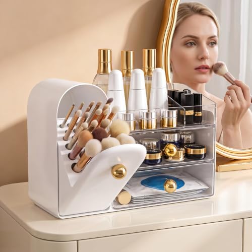 Makeup Organizer for Vanity: Skincare Organizers with Drawers & Brush Holder - Cosmetic Display Case Skincare Storage Bo