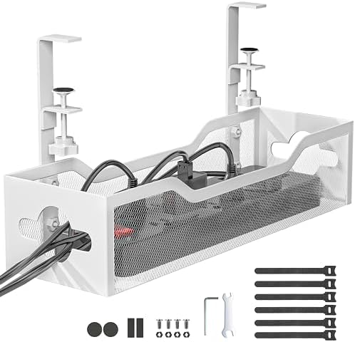 Under Desk Cable Management Tray White, Litwaro Cable Management Under Desk No Drill, Cable Organizer with Clamp for Wir