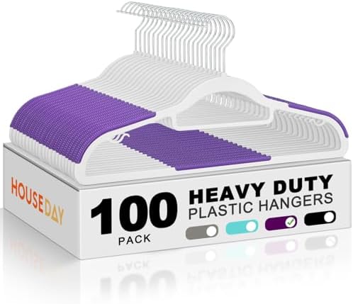 HOUSE DAY Slim Plastic Hangers 100 Pack, Non Slip Purple Clothes Hangers